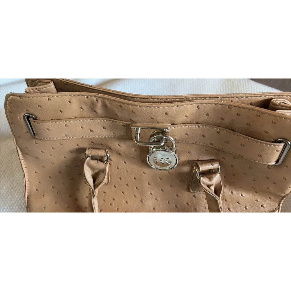 Michael Kors Hamilton Large Ostrich Embossed Leather Satchel Tote Tan Beige